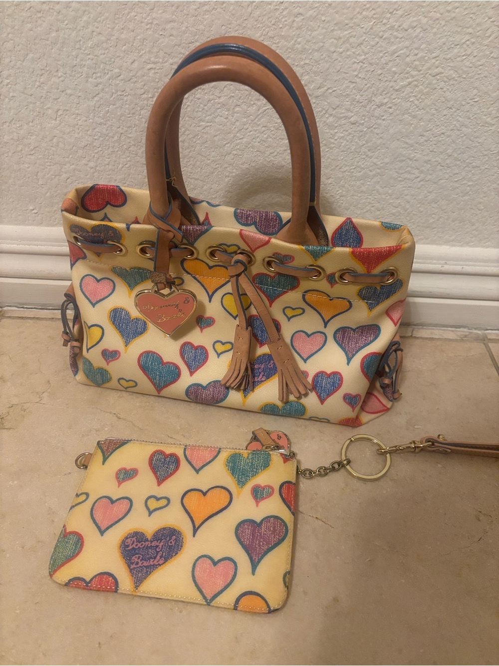Vintage Dooney & Bourke Crayon Heart Print Tote with Tan Leather Trim